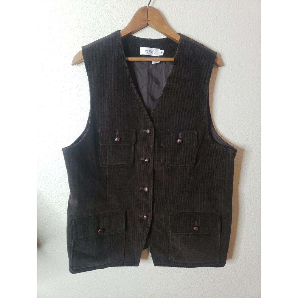 VINTAGE 80s 90s CORDUROY VEST GRANDPA UTILITY PREPPY ACADEMIA SIZE 16 BY JHC